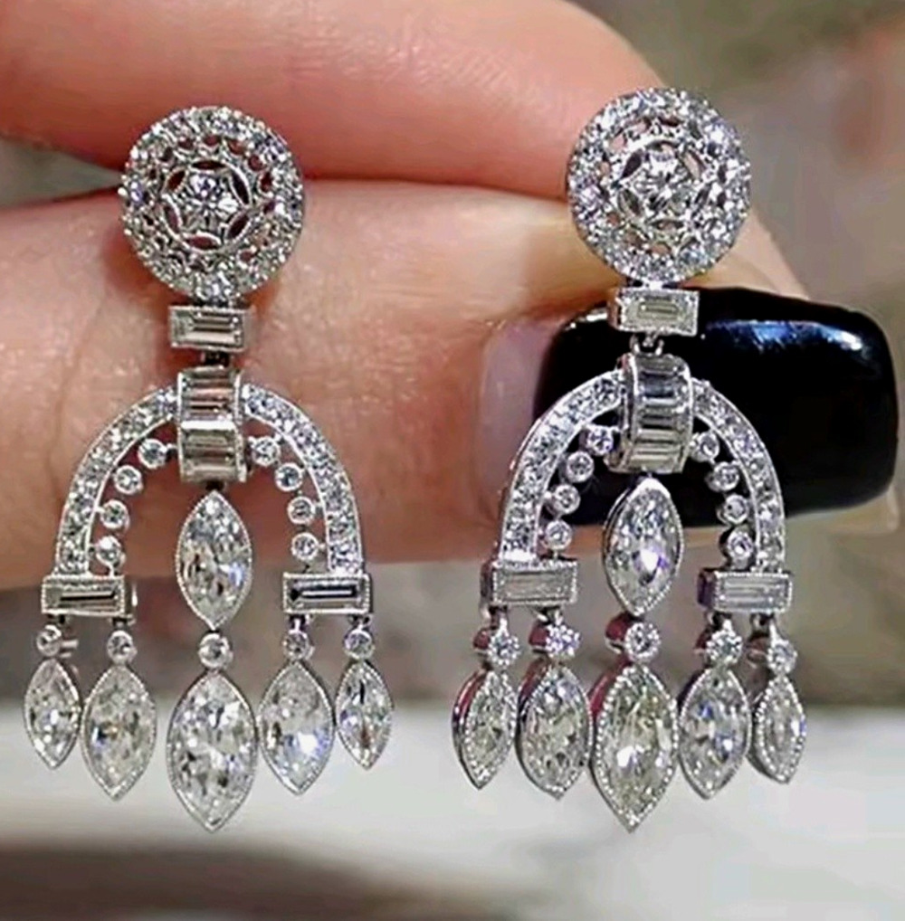 Silver Tone Simulated Cubic Zirconia Chandelier Dangle Earrings 36mm